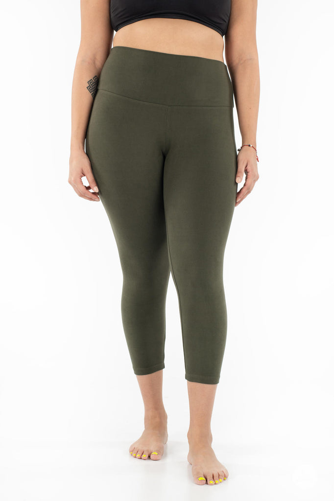 NEW Cotton Stretch Full Length Moto Leggings Wide Waistband- Olive- M-L-XL